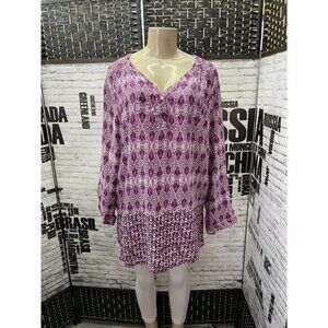 Tantrums XL Purple Print V-Button Neckline Roll-Tab Sleeve Top